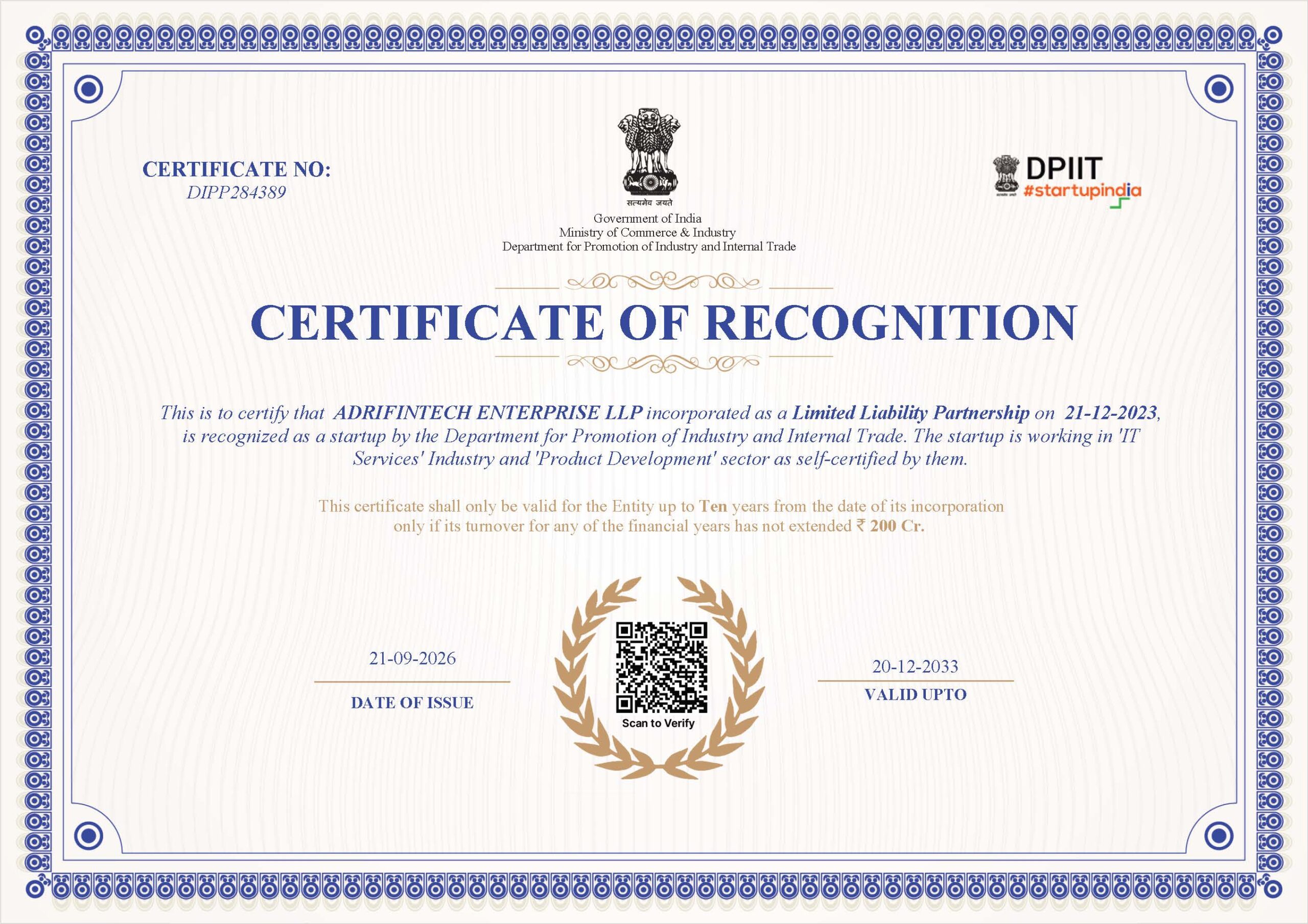 STARTUP INDIA CERTIFITED